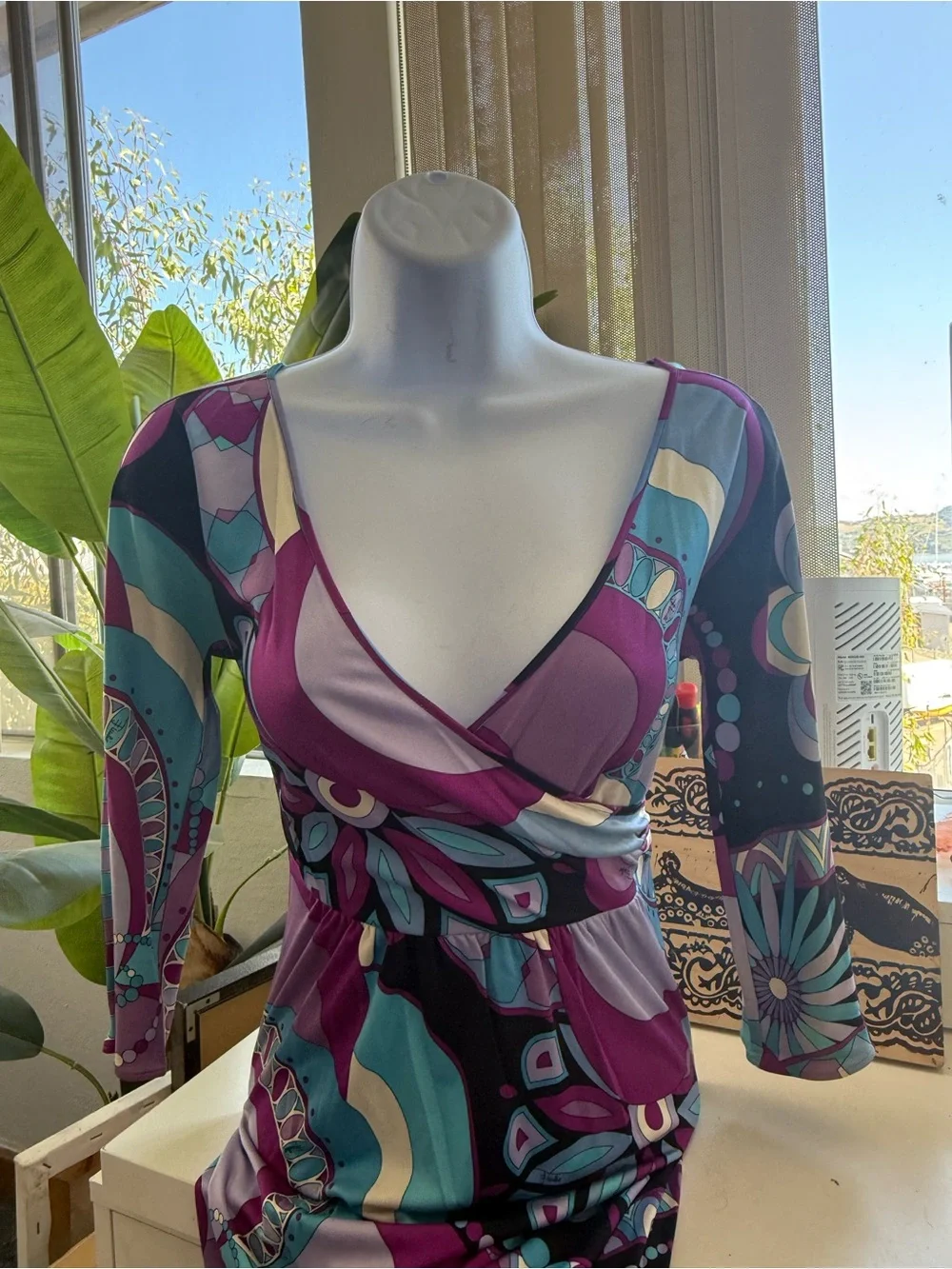 Emilio Pucci 100% Silk Psychedelic Purple & Teal Floral-Print Wrap Midi Dress - Picture 3 of 7
